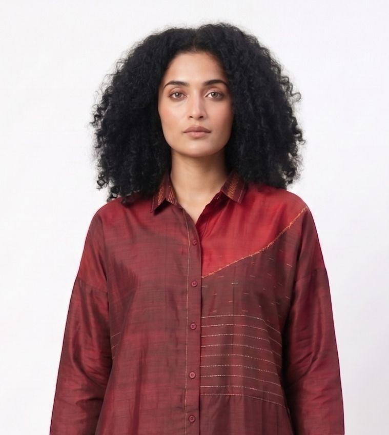 Handwoven Ikat Silk Shirt Dress Maroon