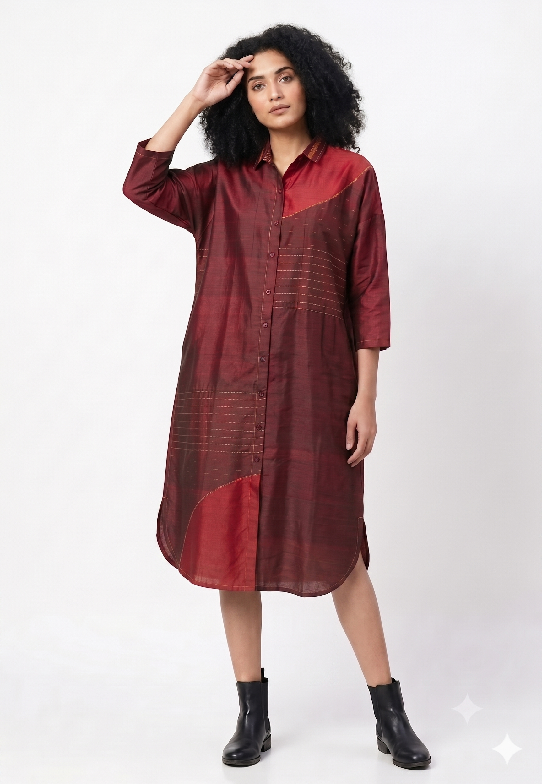 Handwoven Ikat Silk Shirt Dress Maroon