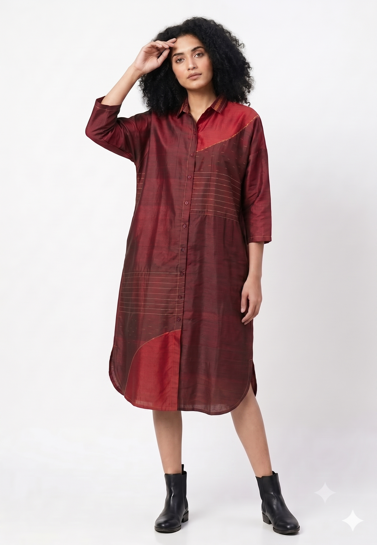 Handwoven Ikat Silk Shirt Dress Maroon