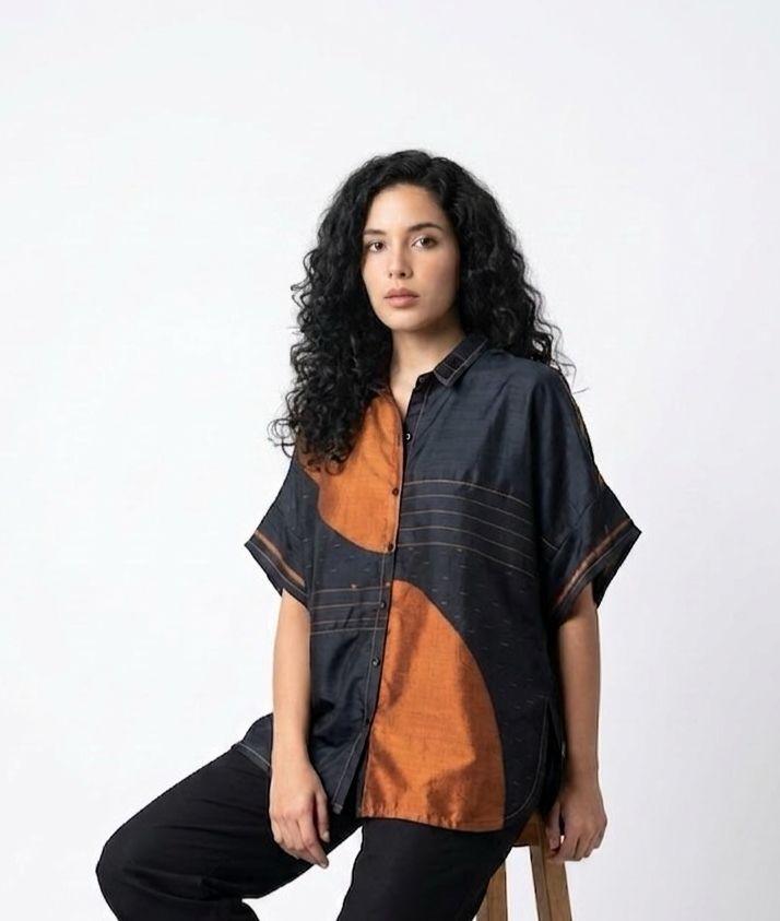 Handwoven Ikat Silk Shirt (black shunya)