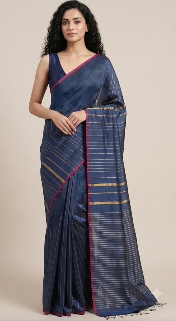 JHOOM Handwoven Tussar Silk Saree - Indigo