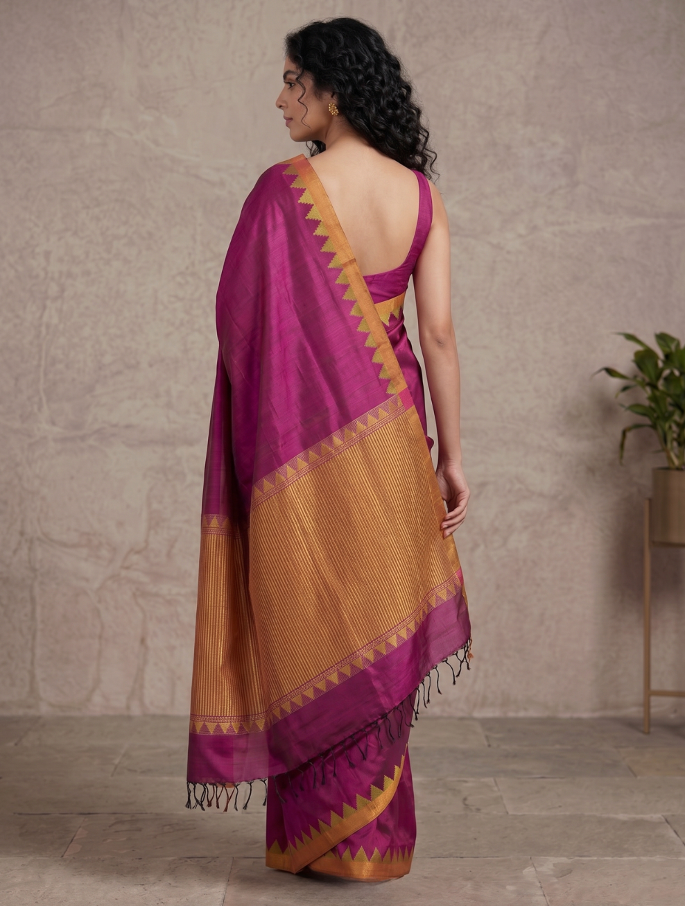 KUMBHA Handloom Tussar Silk Sari - Magenta Yellow