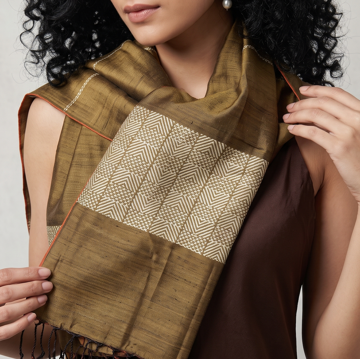 Tussar Silk Stole - Olive Green