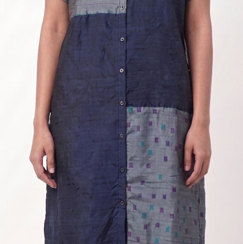 Handwoven Ikat Silk Shirt Dress Indigo
