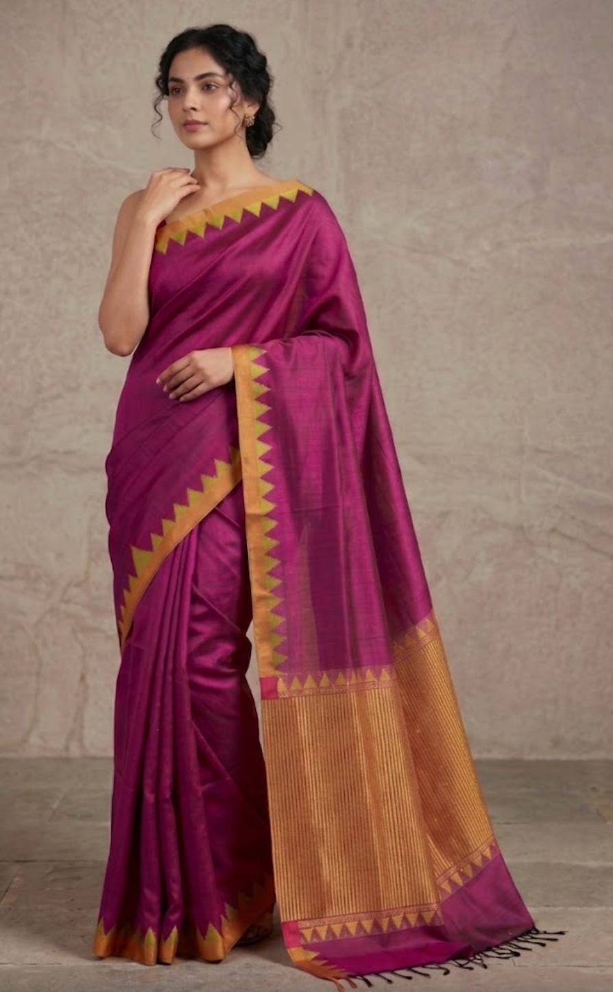 KUMBHA Handloom Tussar Silk Sari - Magenta Yellow