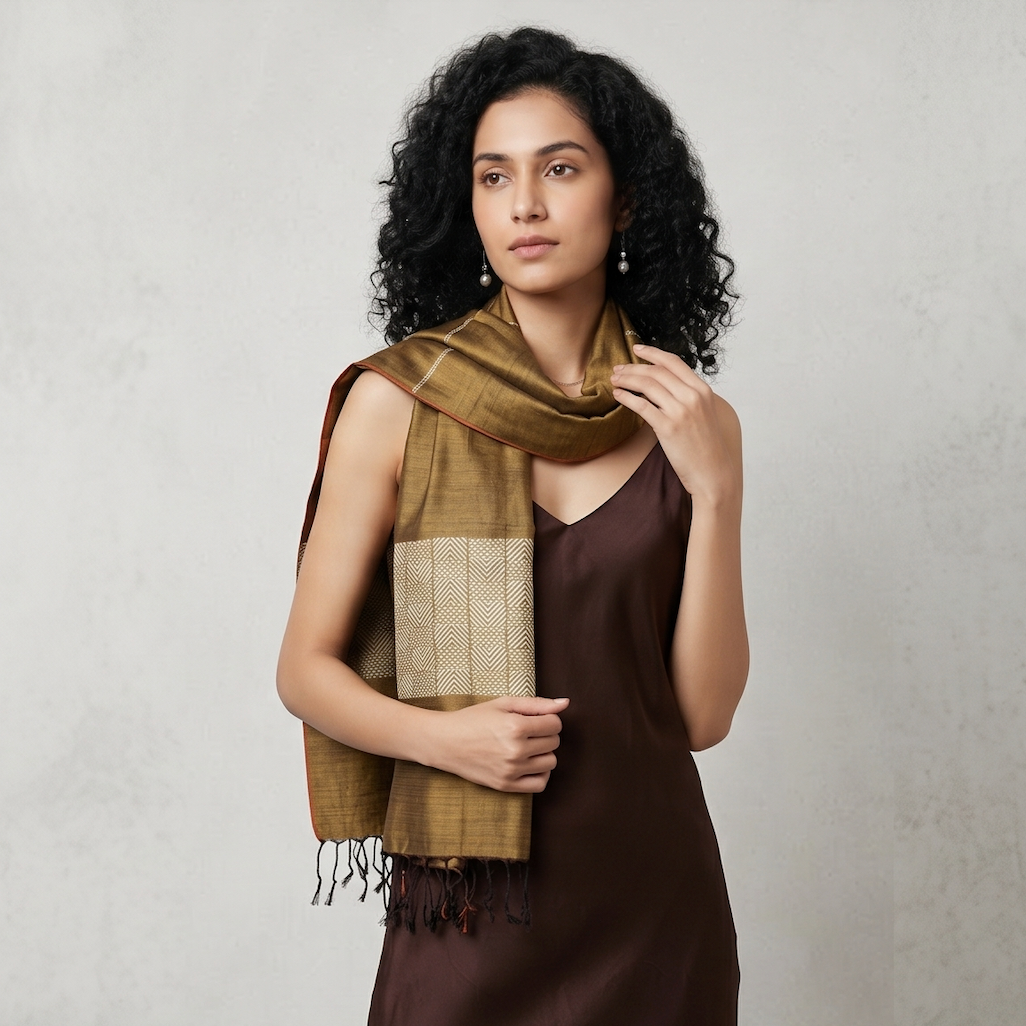 Tussar Silk Stole - Olive Green