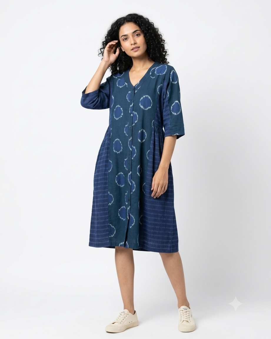 Handwoven Cotton Gathered Dress Cerulean