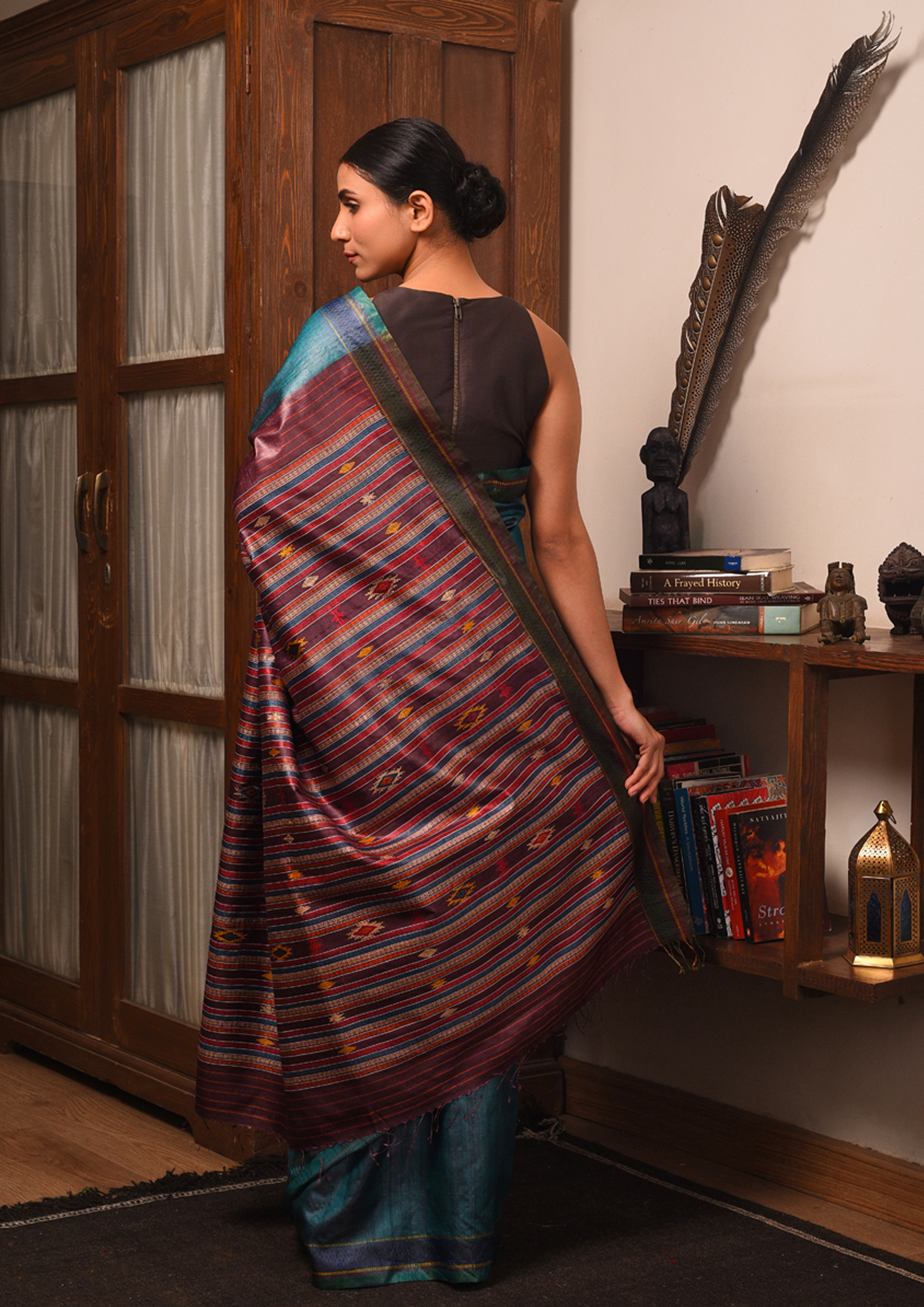 BOMKAI Handwoven Tussar Silk Saree - Teal Blue - Vriksh Designs