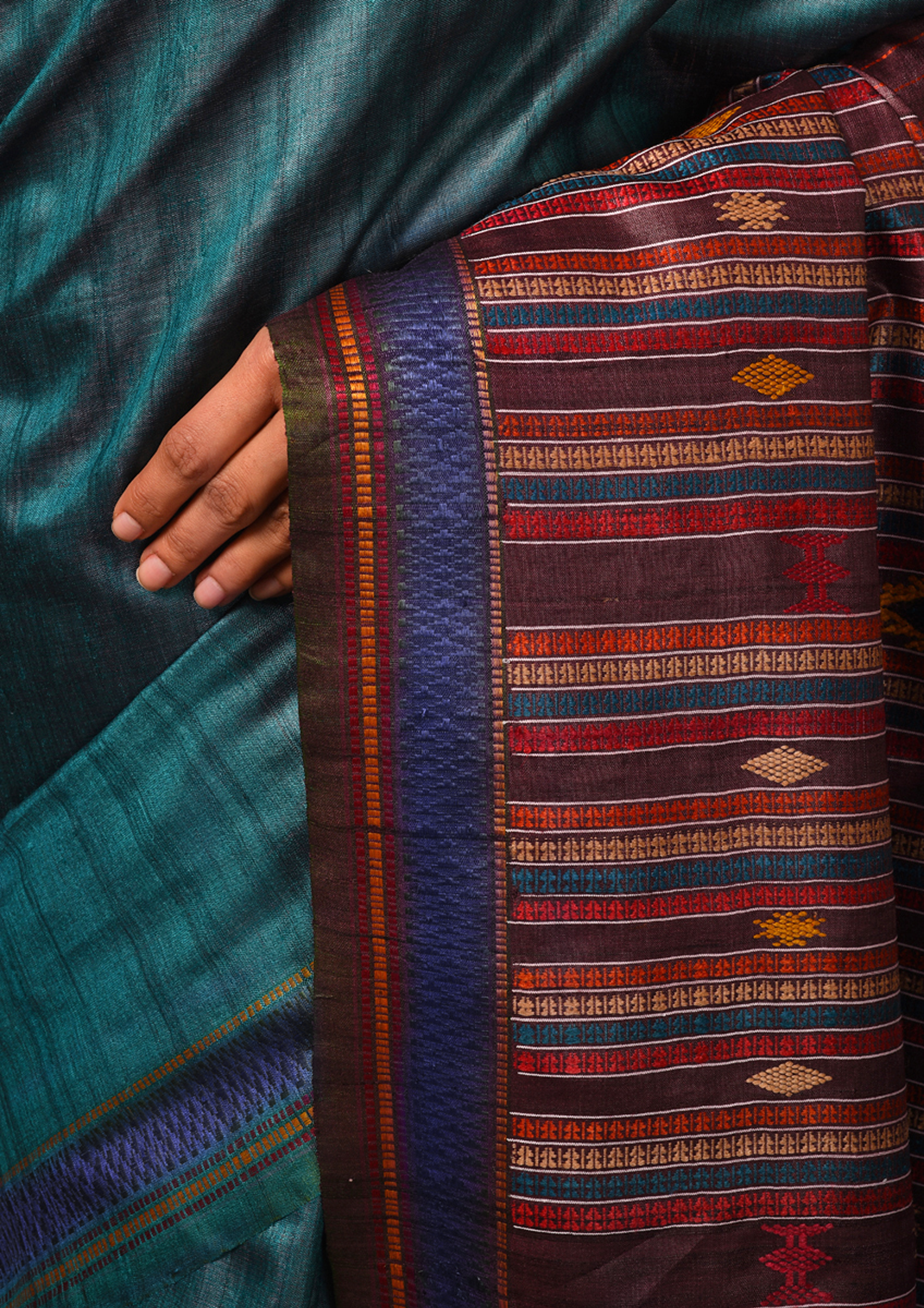 BOMKAI Handwoven Tussar Silk Saree - Teal Blue - Vriksh Designs
