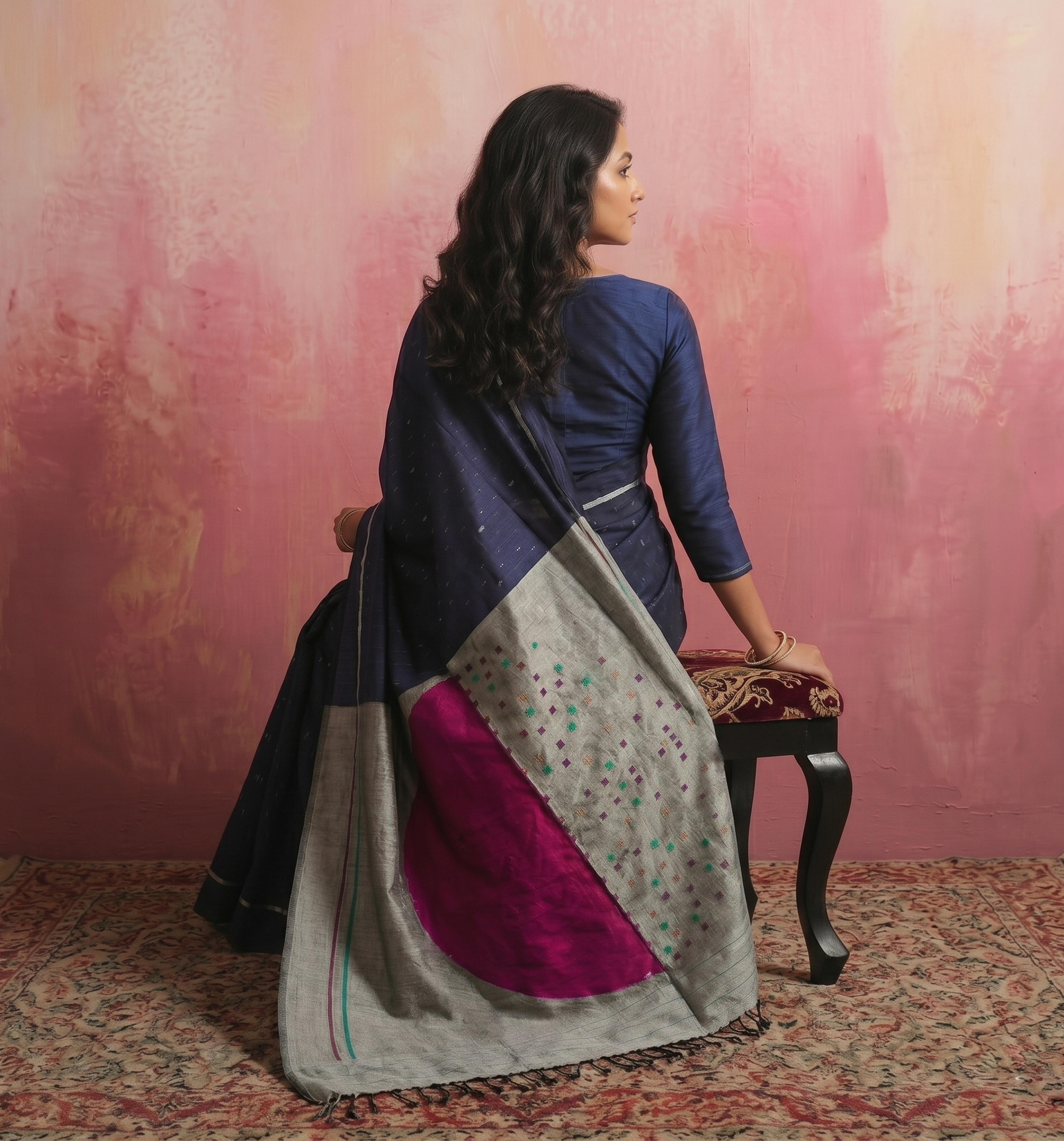 CHAAND Handwoven Ikat Silk Saree - Blue Grey