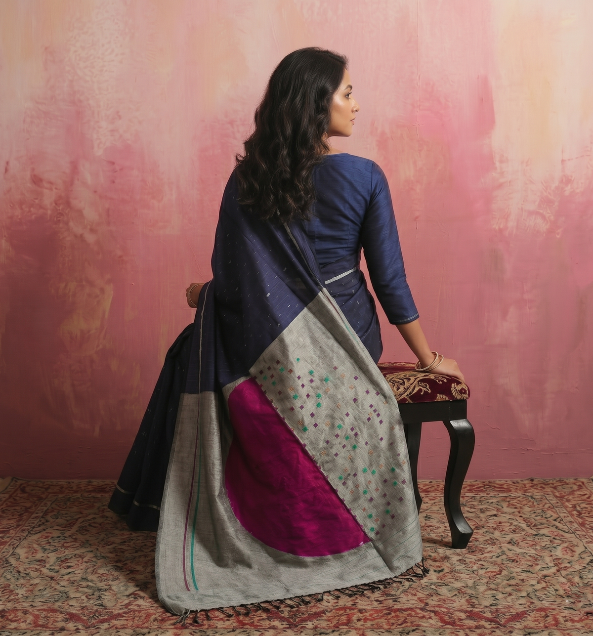 CHAAND Handwoven Ikat Silk Saree - Blue Grey