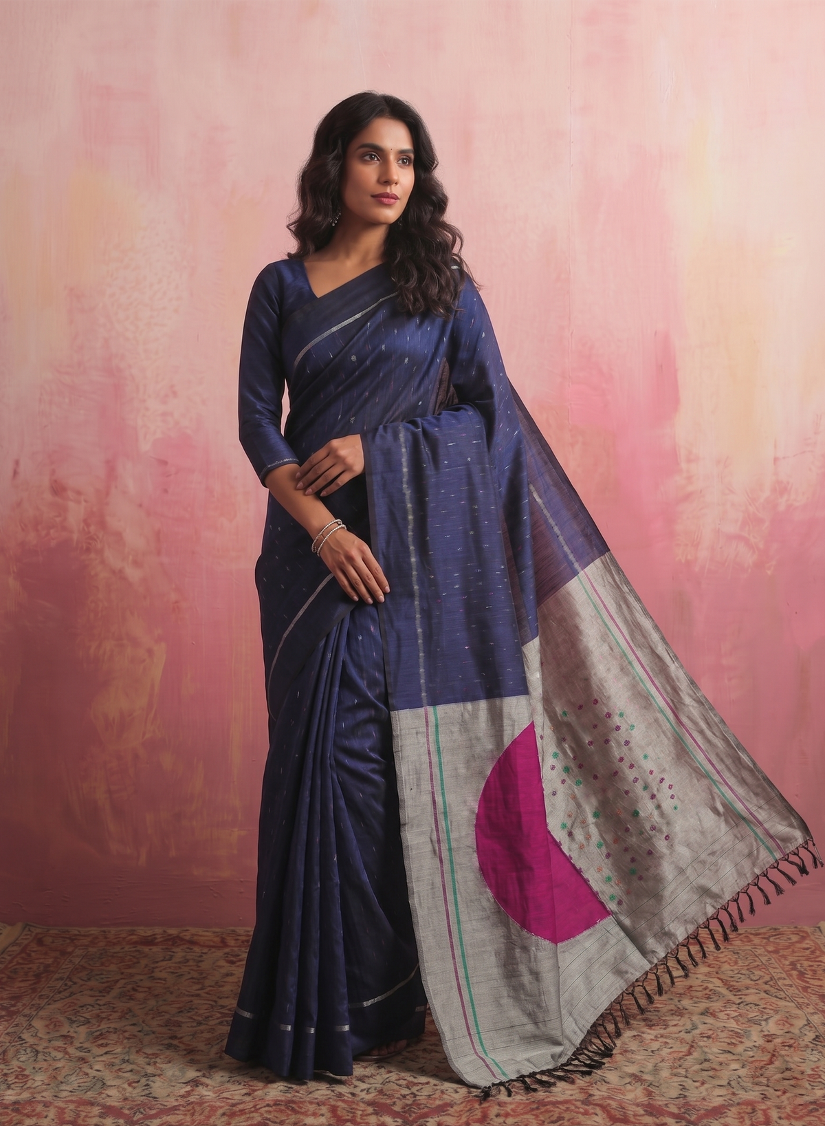 CHAAND Handwoven Ikat Silk Saree - Blue Grey