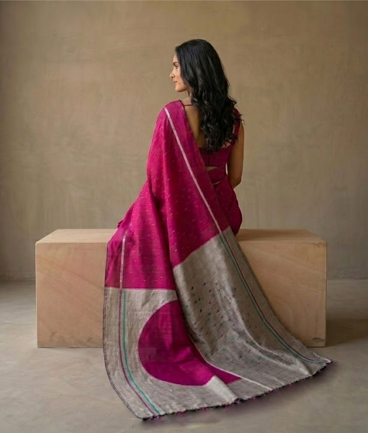 CHAAND Handwoven Ikat Silk Saree - Pink Grey