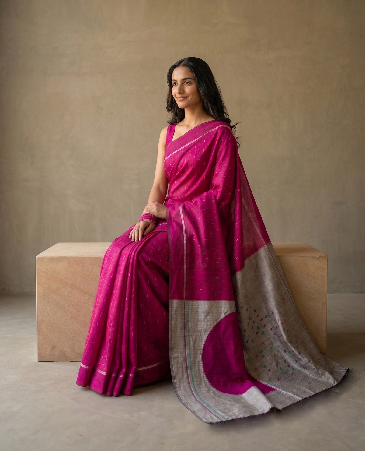 CHAAND Handwoven Ikat Silk Saree - Pink Grey