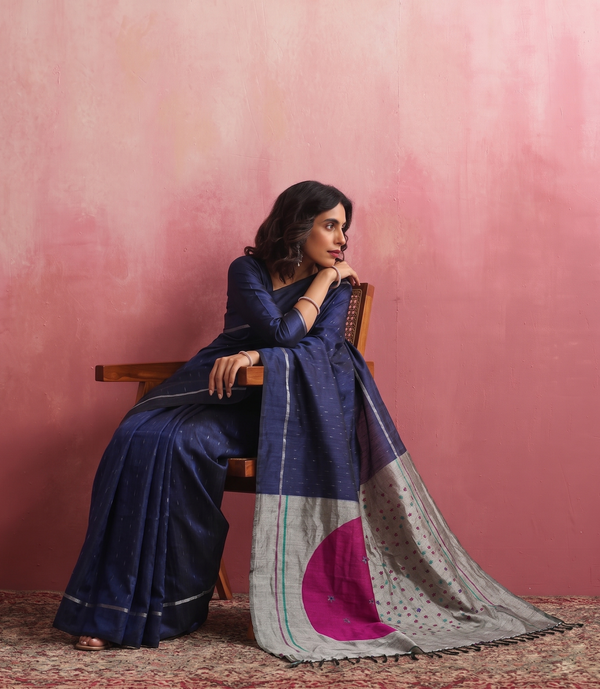 CHAAND Handwoven Ikat Silk Saree - Blue Grey