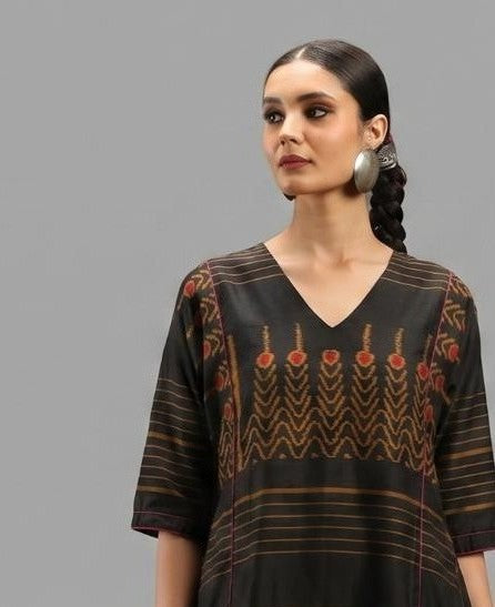 Handwoven Ikat Silk Anarkali Dress- Black