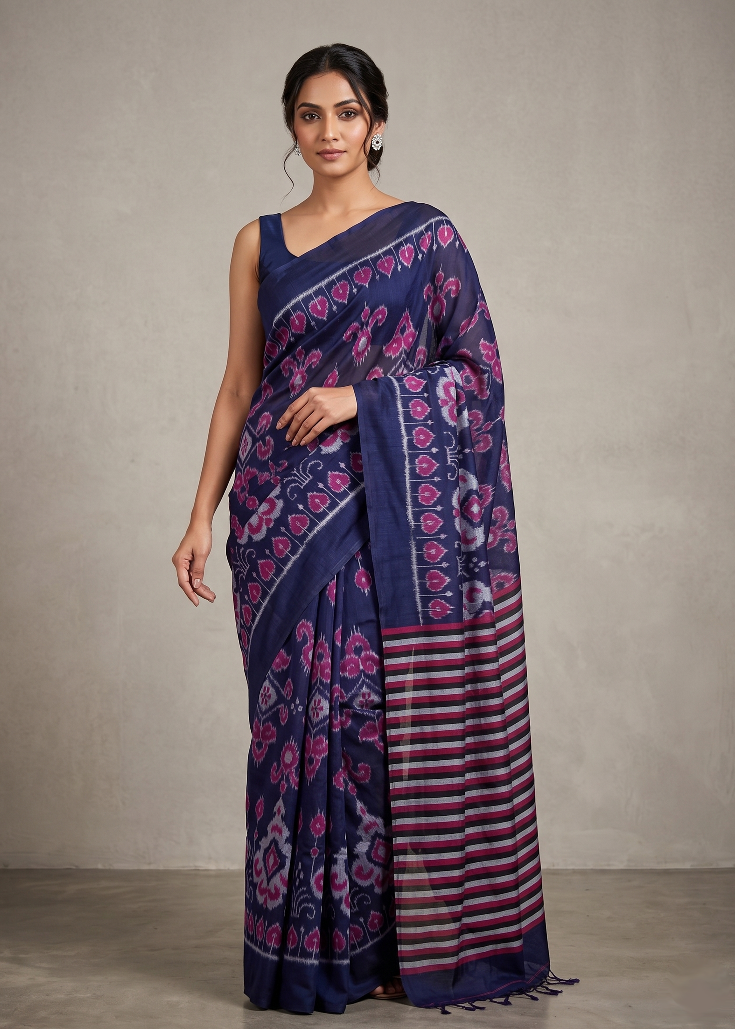 Lotus Handloom Cotton Ikat Saree - Indigo