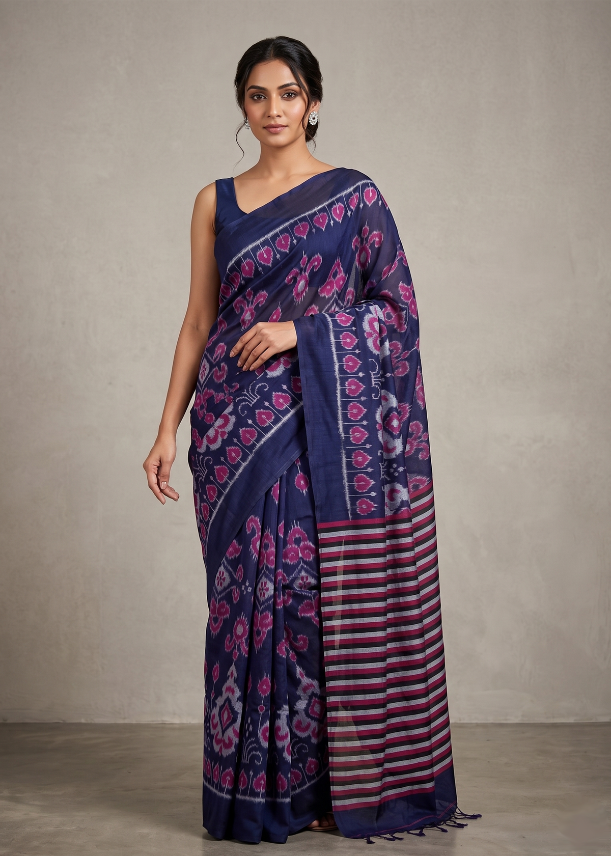 Lotus Handloom Cotton Ikat Saree - Indigo