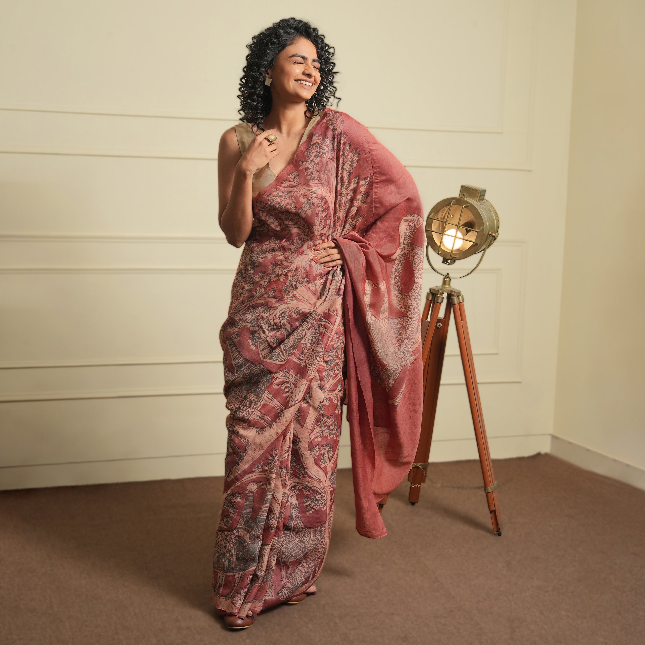 DABU TREE OF LIFE Peacock motif Tussar Silk Sari - French Pink