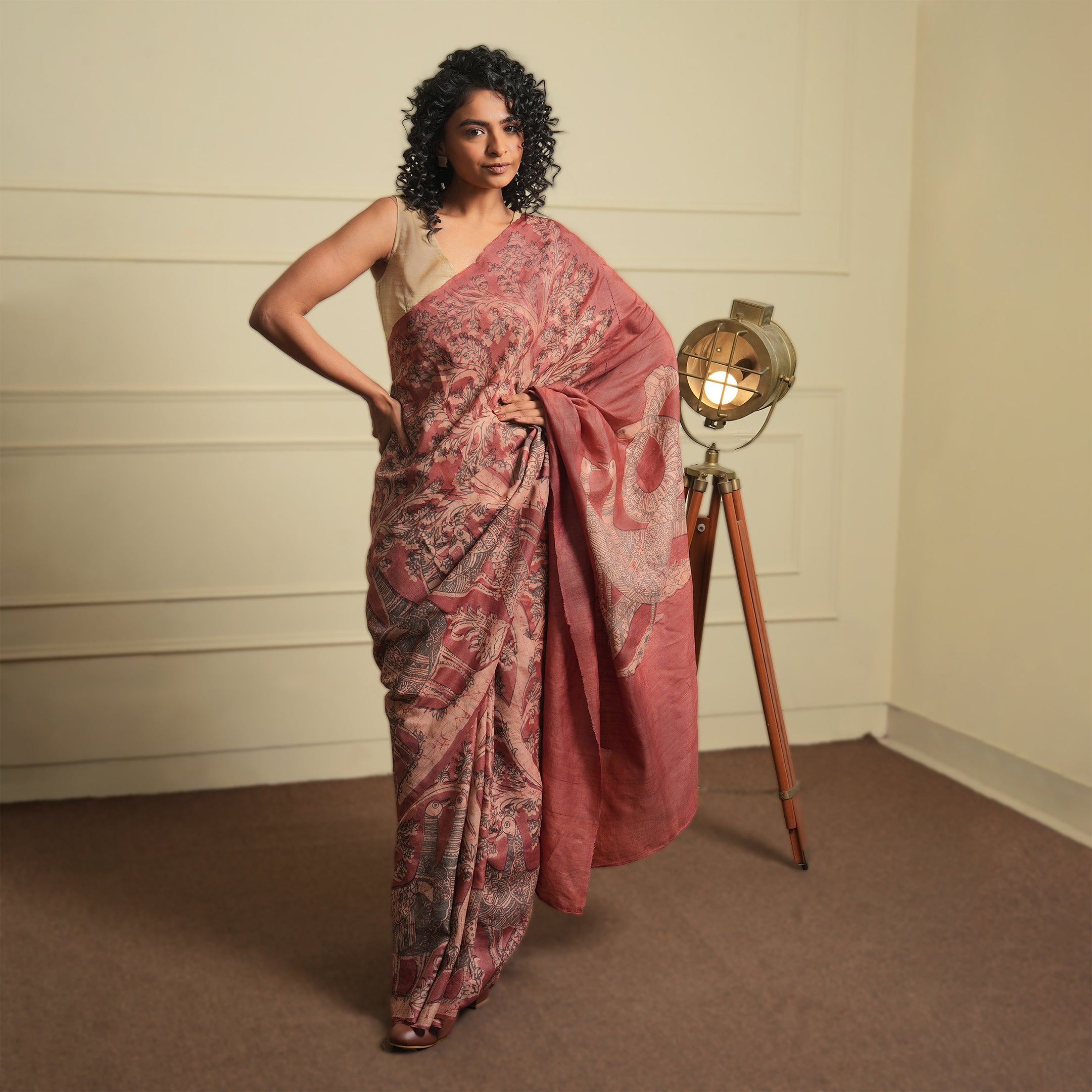 DABU TREE OF LIFE Peacock motif Tussar Silk Sari - French Pink