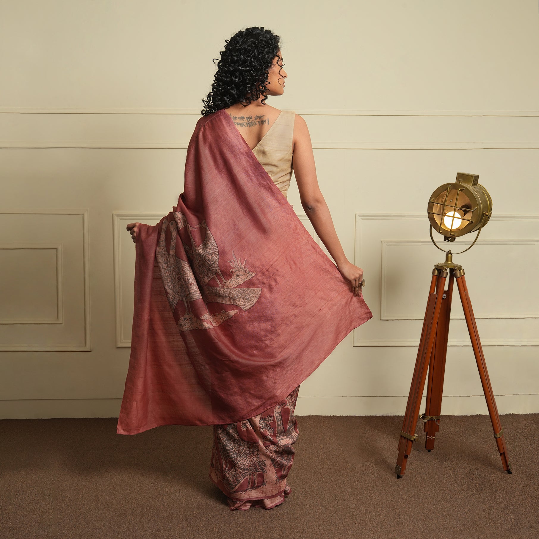 DABU TREE OF LIFE Peacock motif Tussar Silk Sari - French Pink
