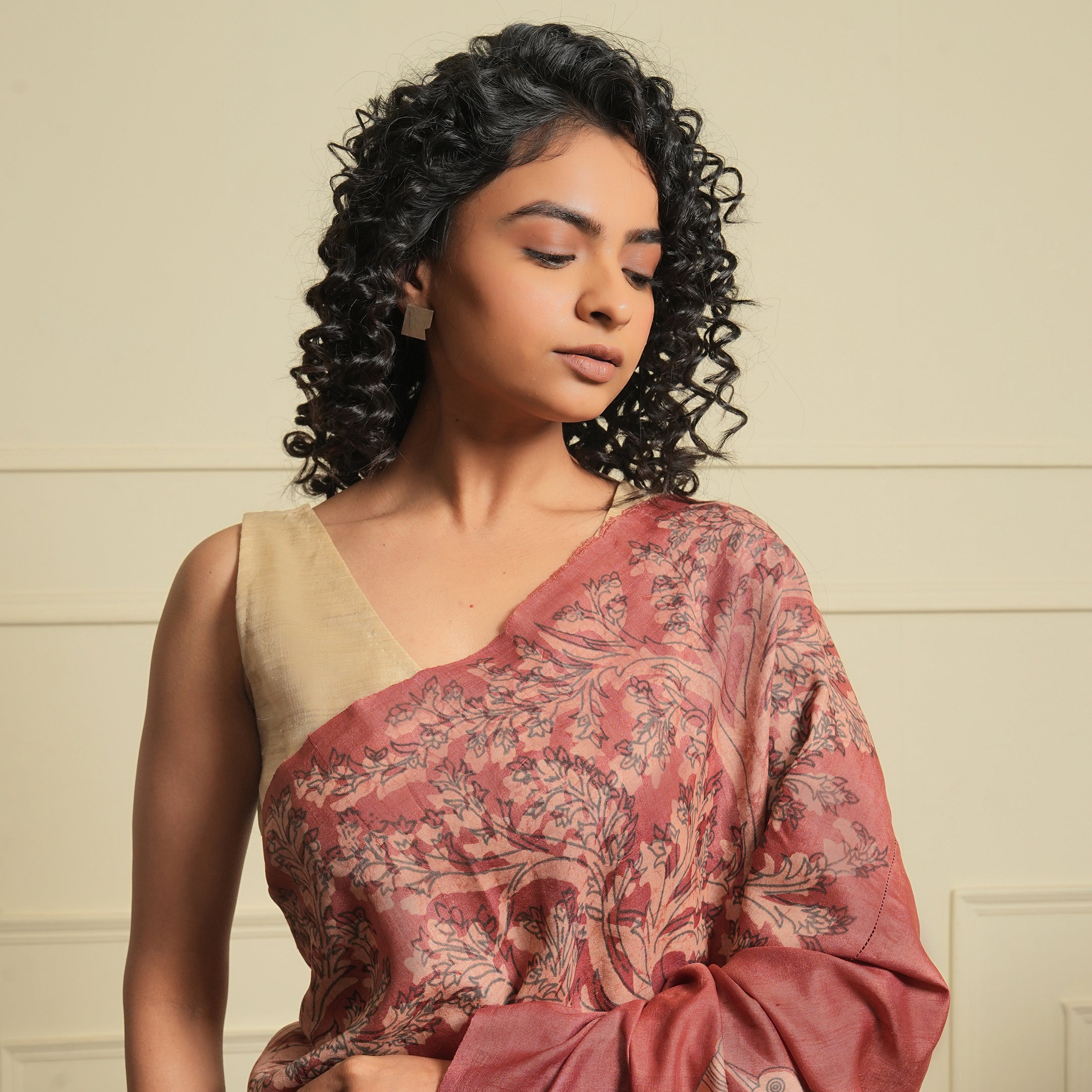 DABU TREE OF LIFE Peacock motif Tussar Silk Sari - French Pink
