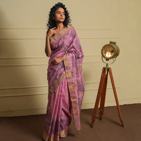 PATTACHITRA Handwoven Tussar Silk Saree - Blush