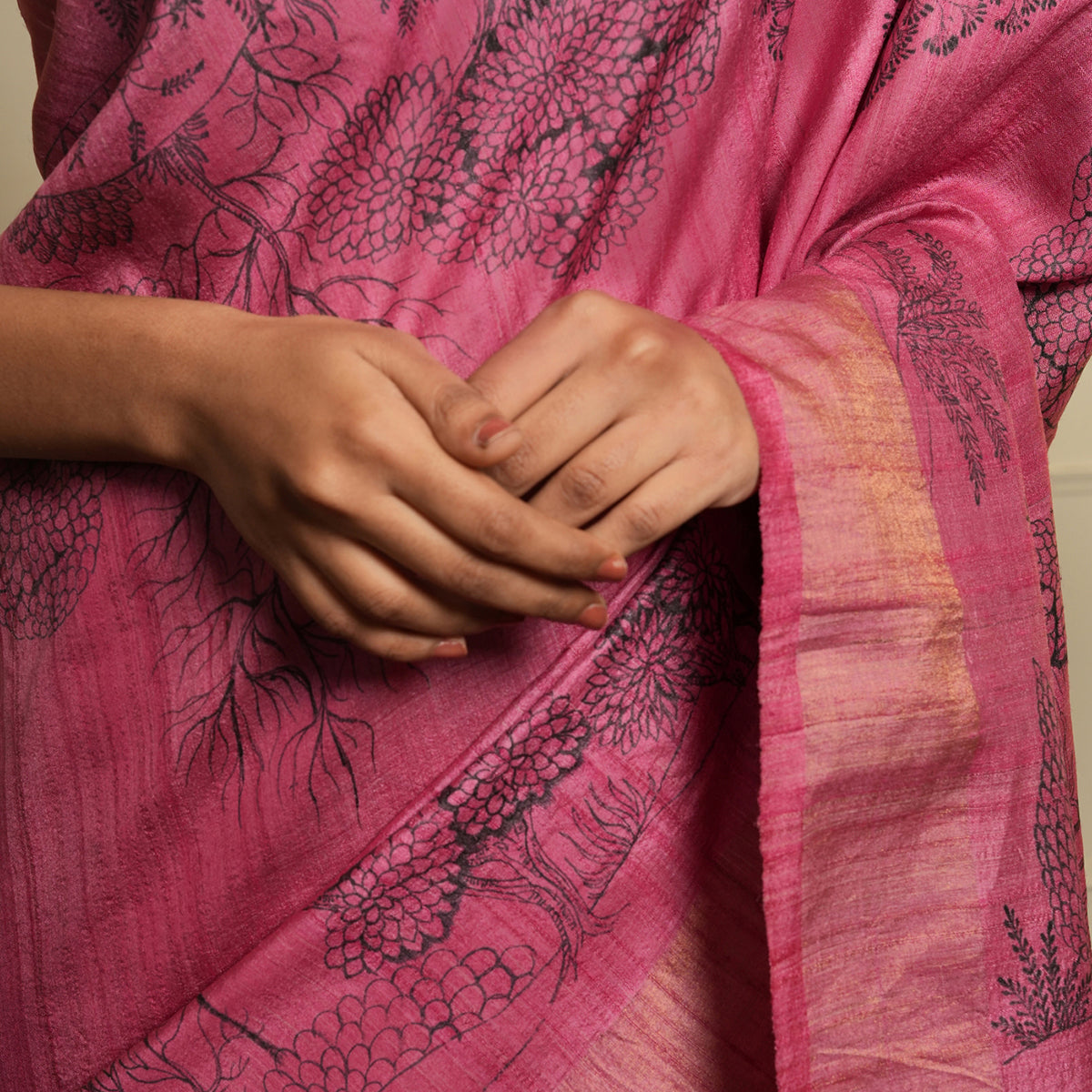 PATTACHITRA Handwoven Tussar Silk Saree - Rouge Pink