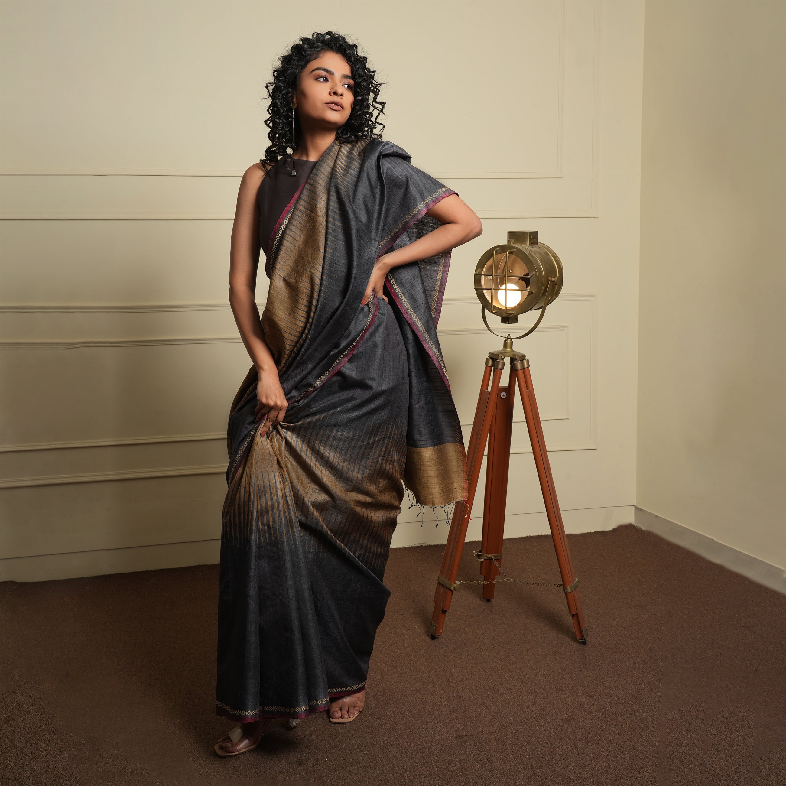 JWALA Handwoven Silk Ikat Saree - Copper Black