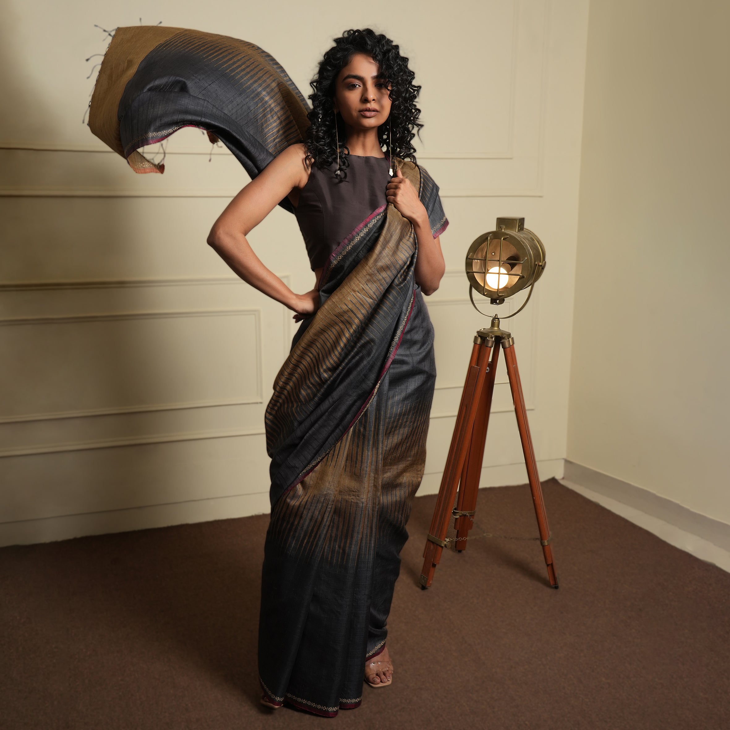 JWALA Handwoven Silk Ikat Saree - Copper Black