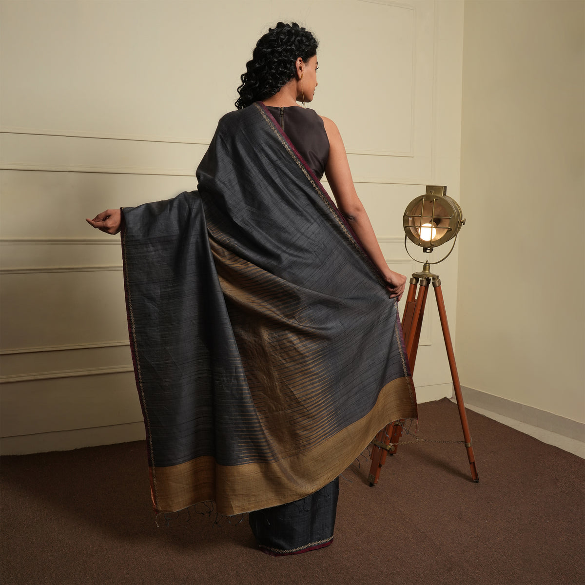 JWALA Handwoven Silk Ikat Saree - Copper Black