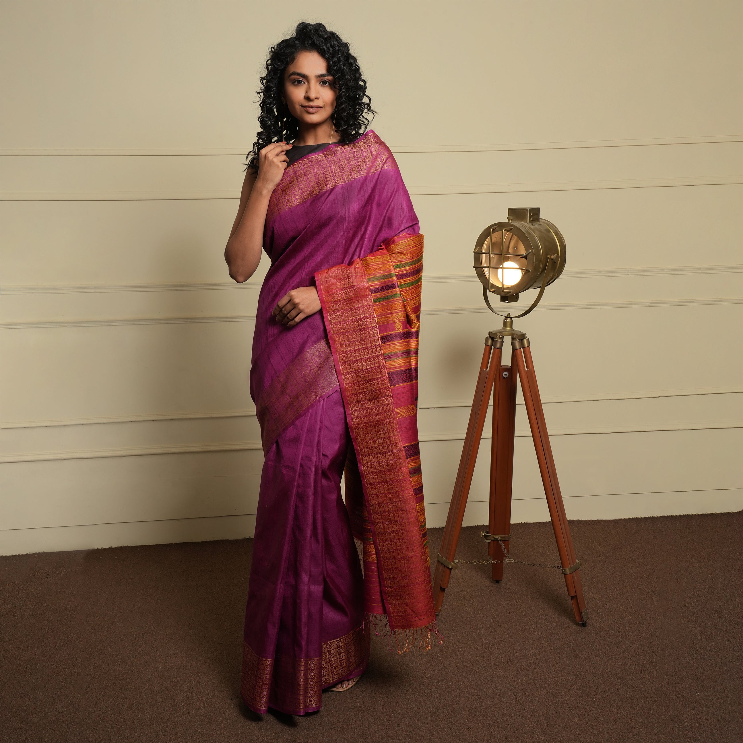 NAVAGUNJARA Handwoven Tussar Silk Sari -  Berry Pink