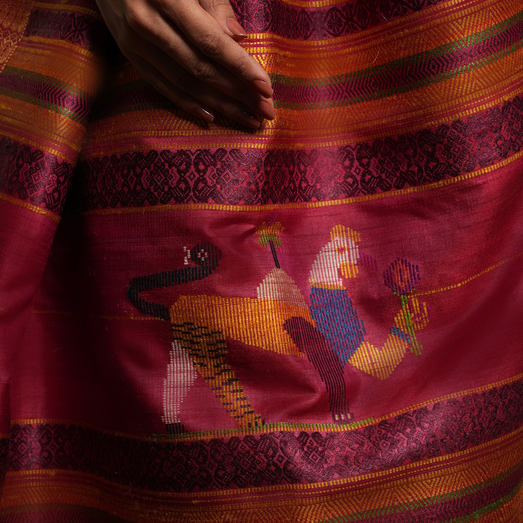 NAVAGUNJARA Handwoven Tussar Silk Sari -  Berry Pink