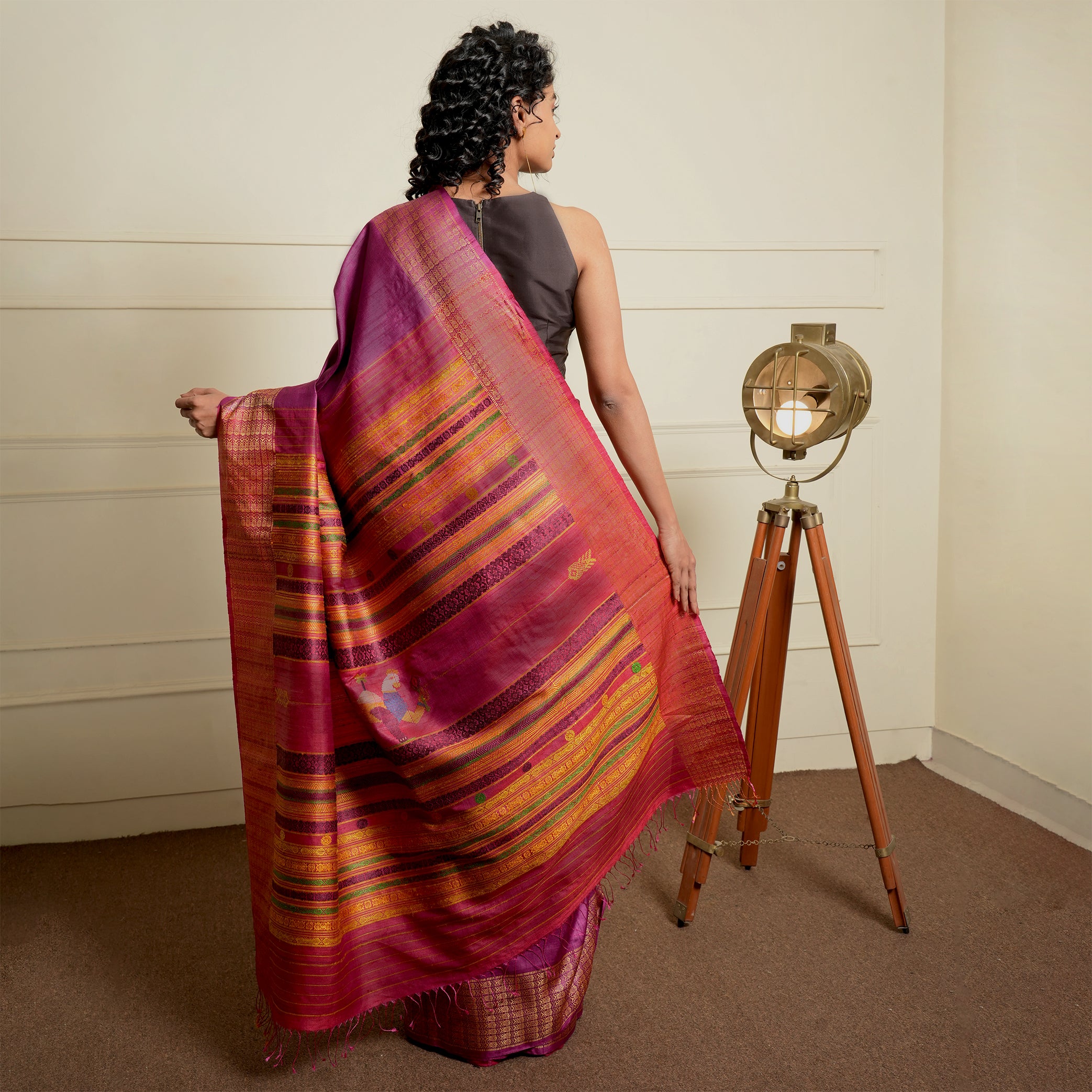 NAVAGUNJARA Handwoven Tussar Silk Sari -  Berry Pink