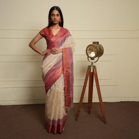 IKAT CHECK Handwoven Tussar Silk Saree - Natural and Red