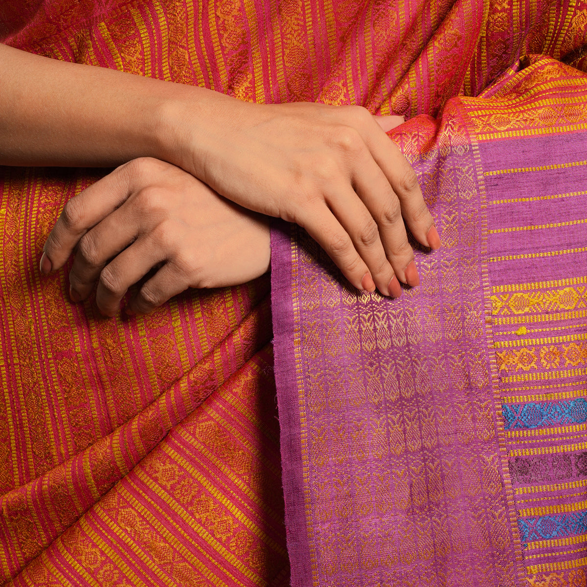 NAVAGUNJARA Handwoven Long Pallu Tussar Silk Sari -  Mehendi Orange