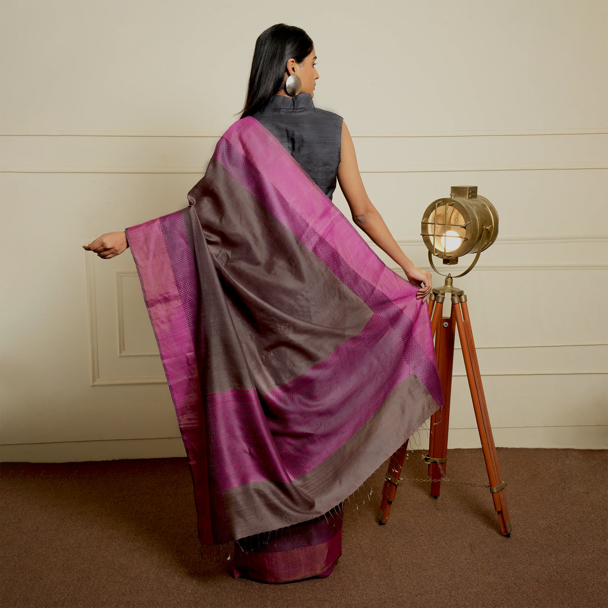 IKAT CHECK Handwoven Tussar Silk Saree - Slate Grey and Amethyst