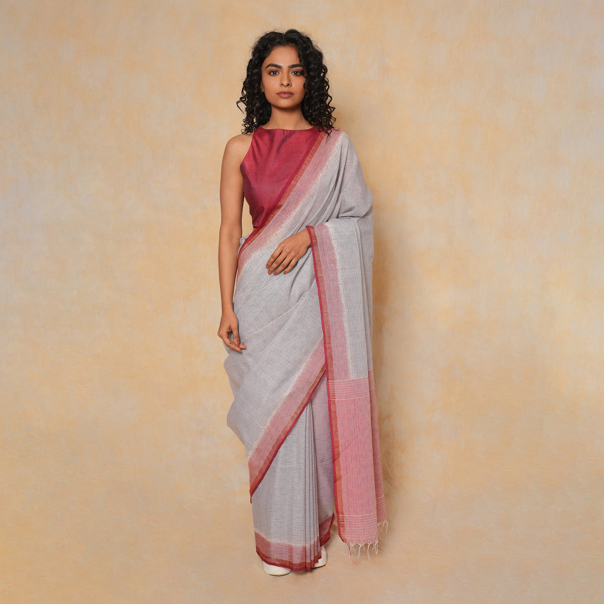 LINEN IKAT Handwoven Sari -  Soft Grey