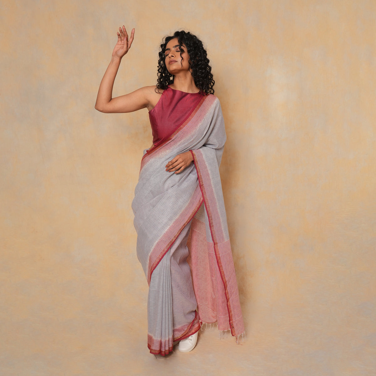 LINEN IKAT Handwoven Sari -  Soft Grey