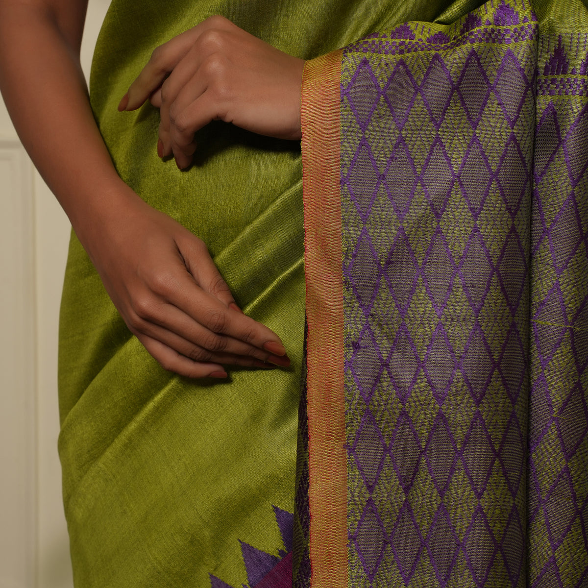 KUMBHA Handwoven Tussar Silk Saree - Olive Green