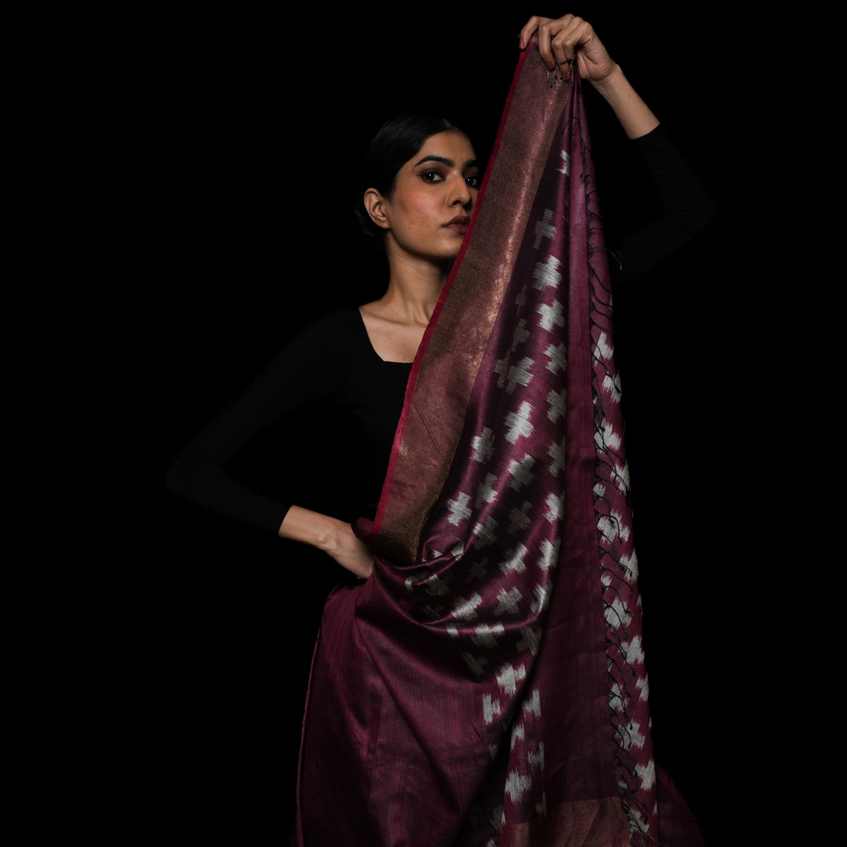 PASAPALLI Ikat Tussar Handwoven Silk Saree - Plum