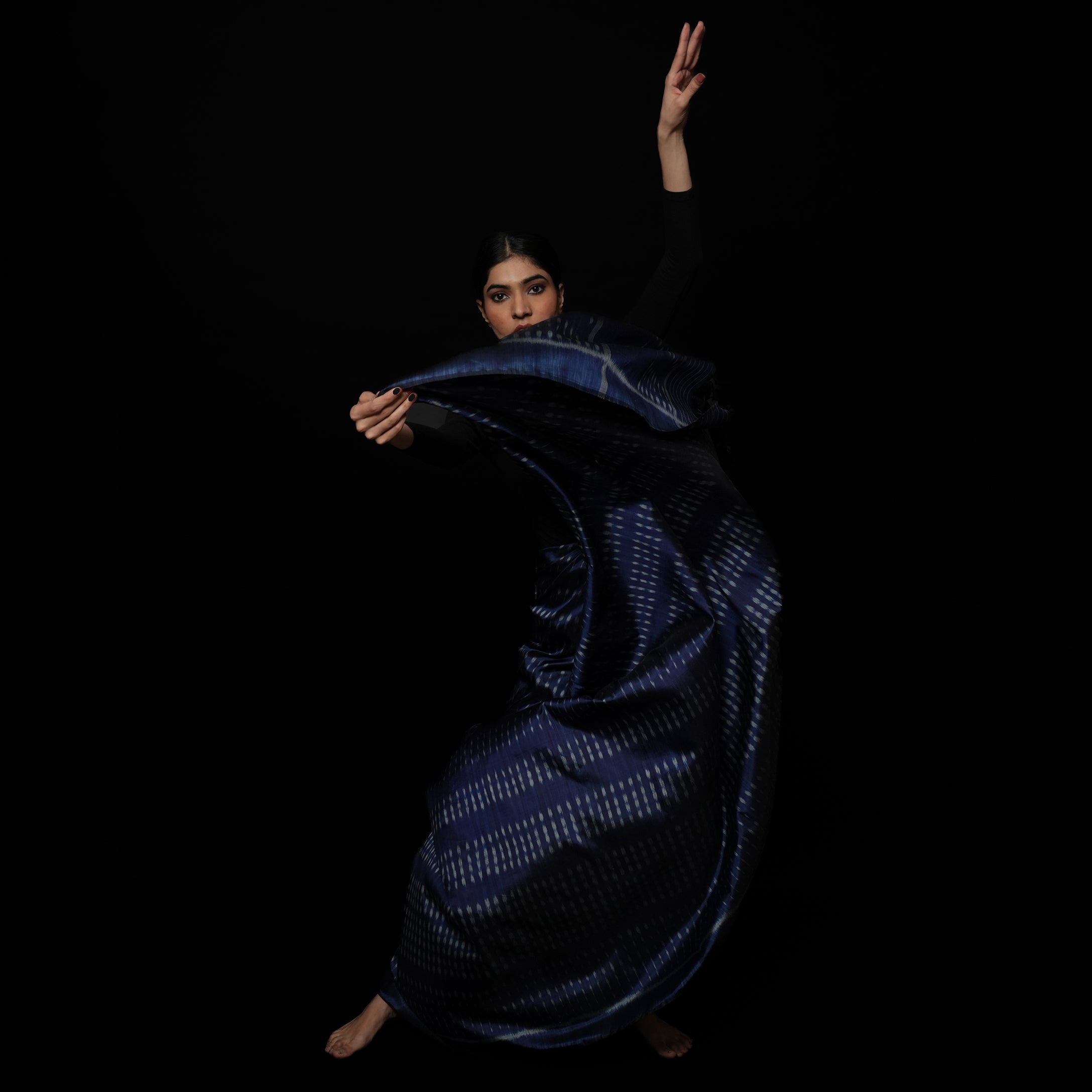 GOONJ Thippa Ikat Handwoven Silk Saree -  Midnight Blue
