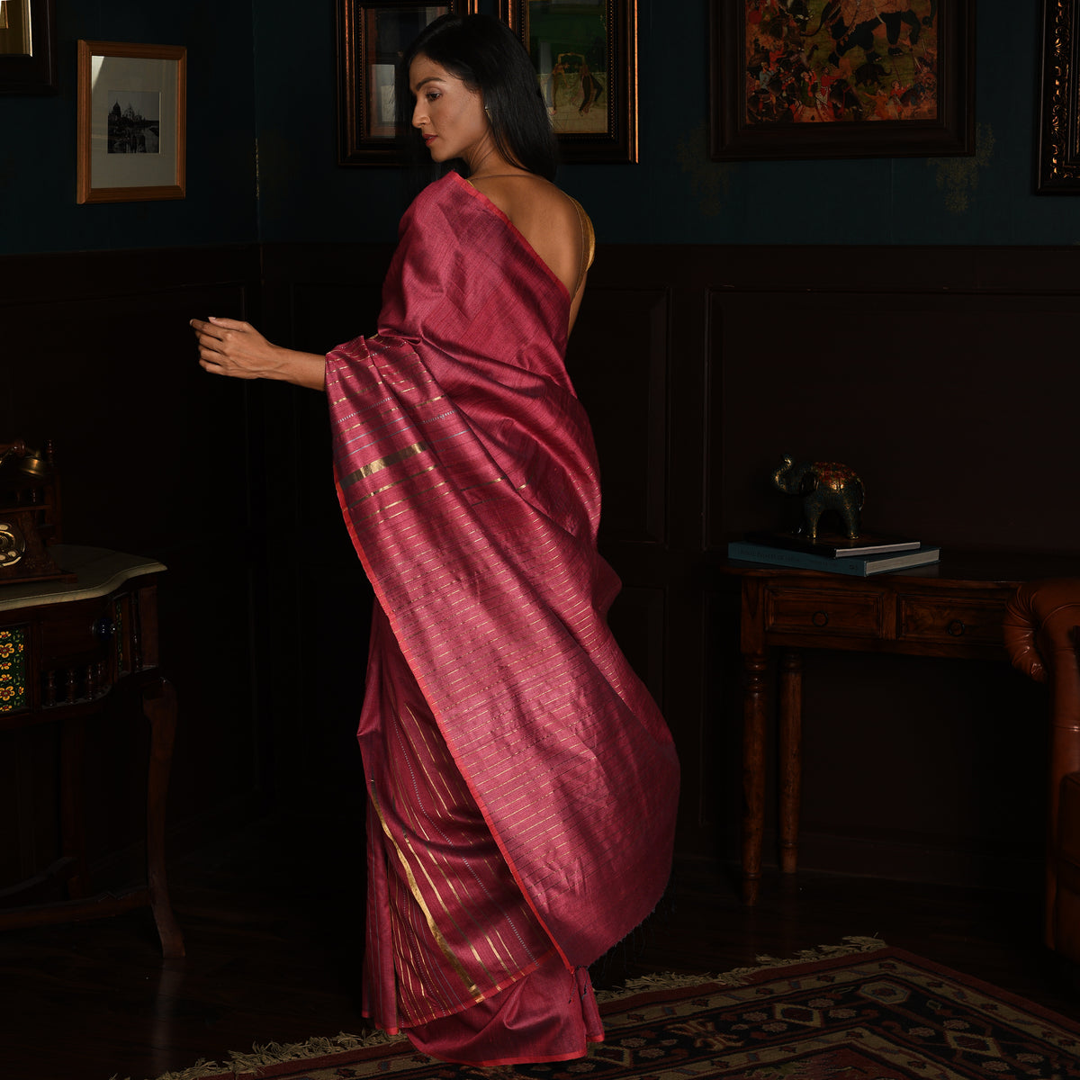 JHOOM Handwoven Tussar Silk Saree - Rose Pink