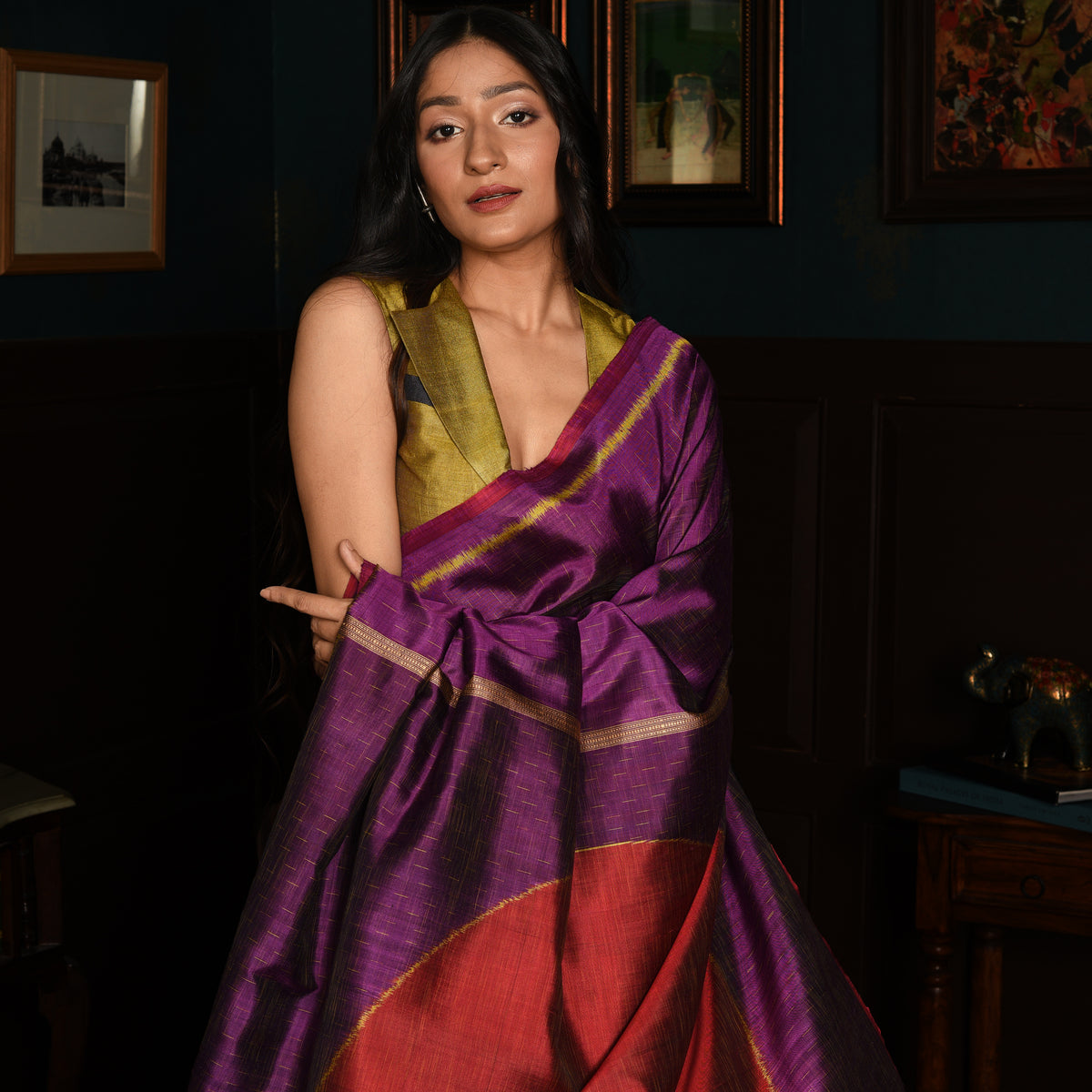 SHUNYA Ikat Silk Handwoven Sari - Plum Purple