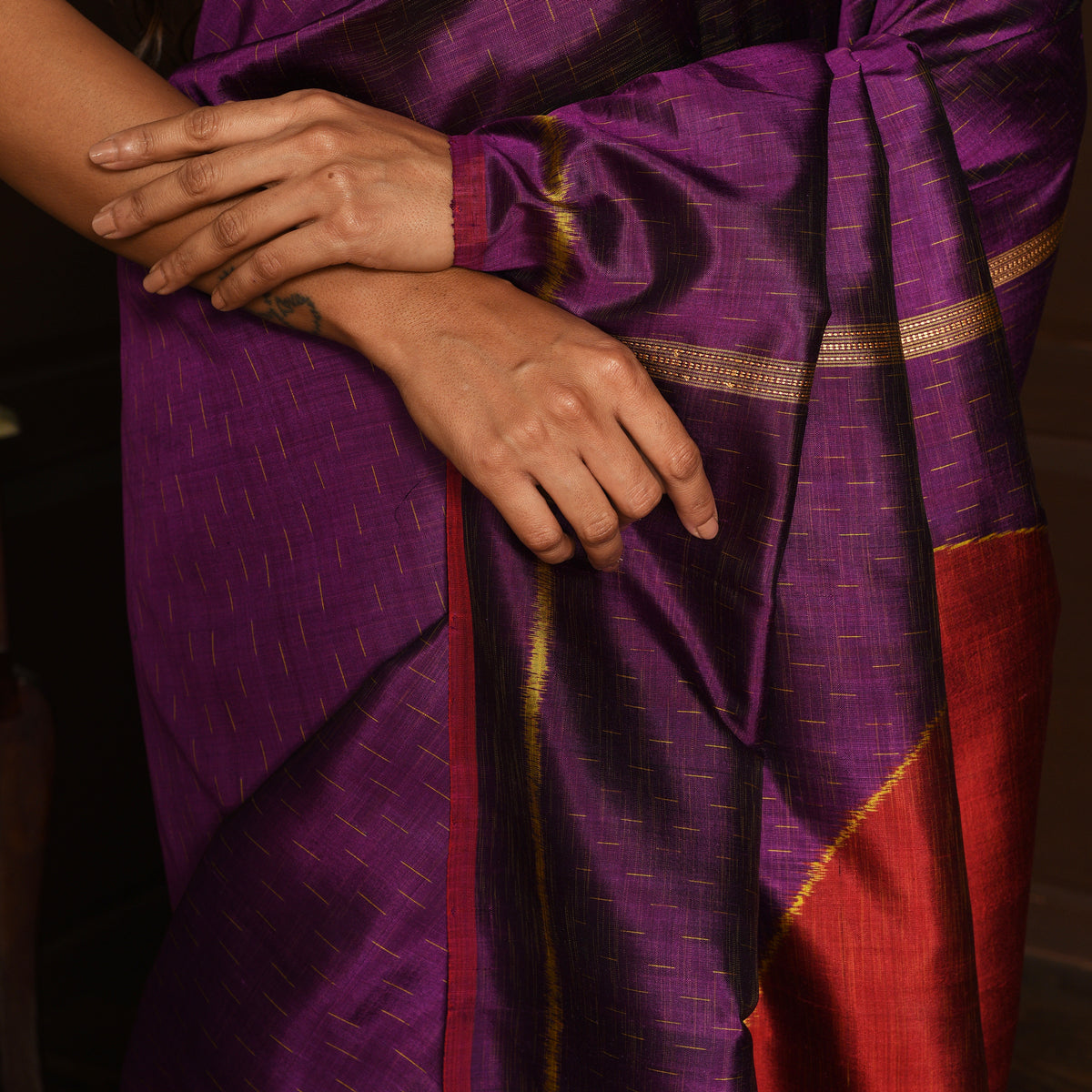 SHUNYA Ikat Silk Handwoven Sari - Plum Purple