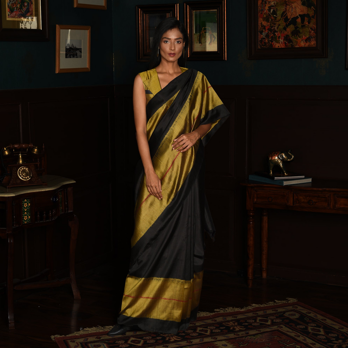 Rekha Ikat Silk Saree - Black and Copper