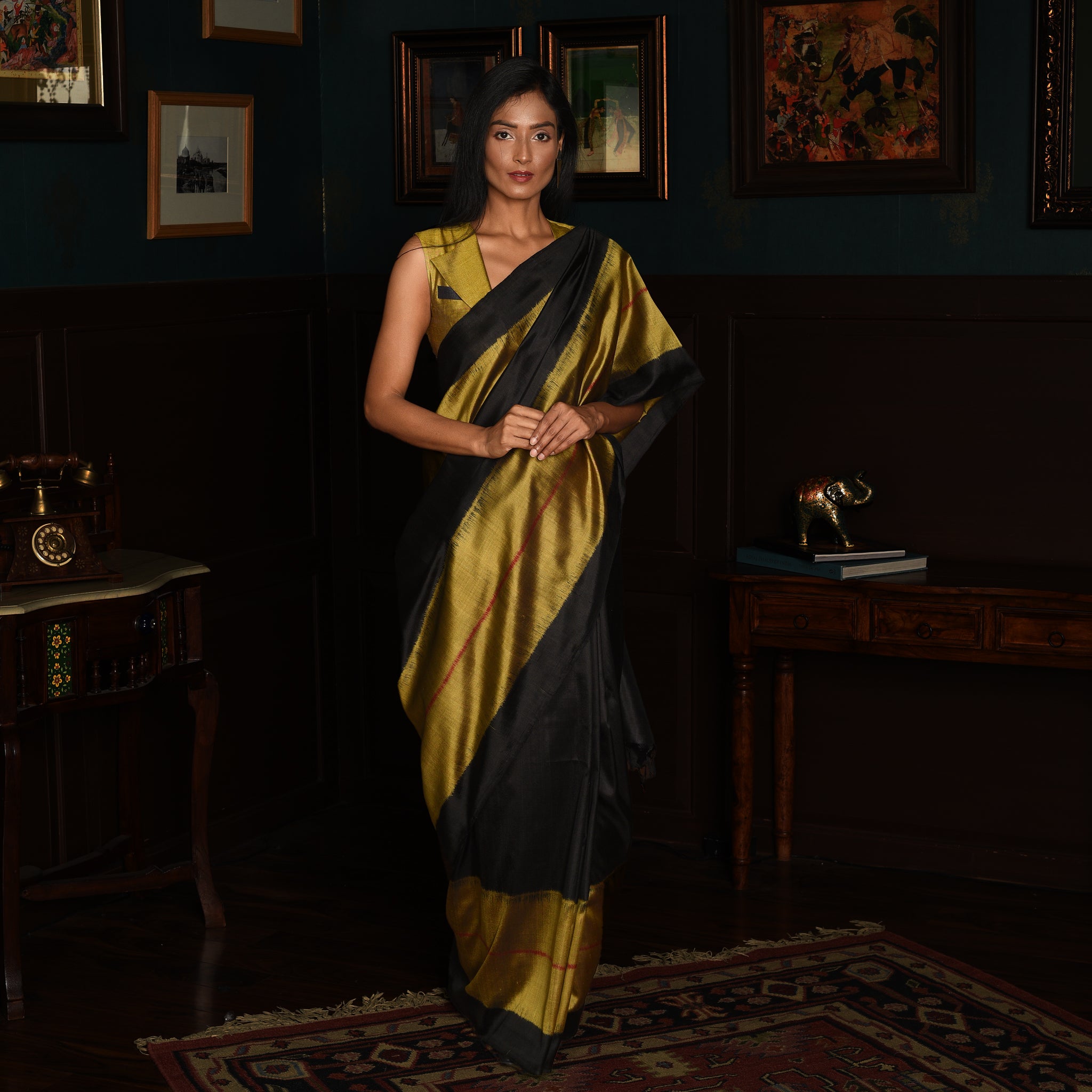 Rekha Ikat Silk Saree - Black and Copper