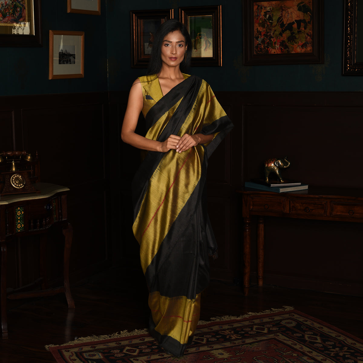Rekha Ikat Handwoven Silk Saree - Molten Gold & Black