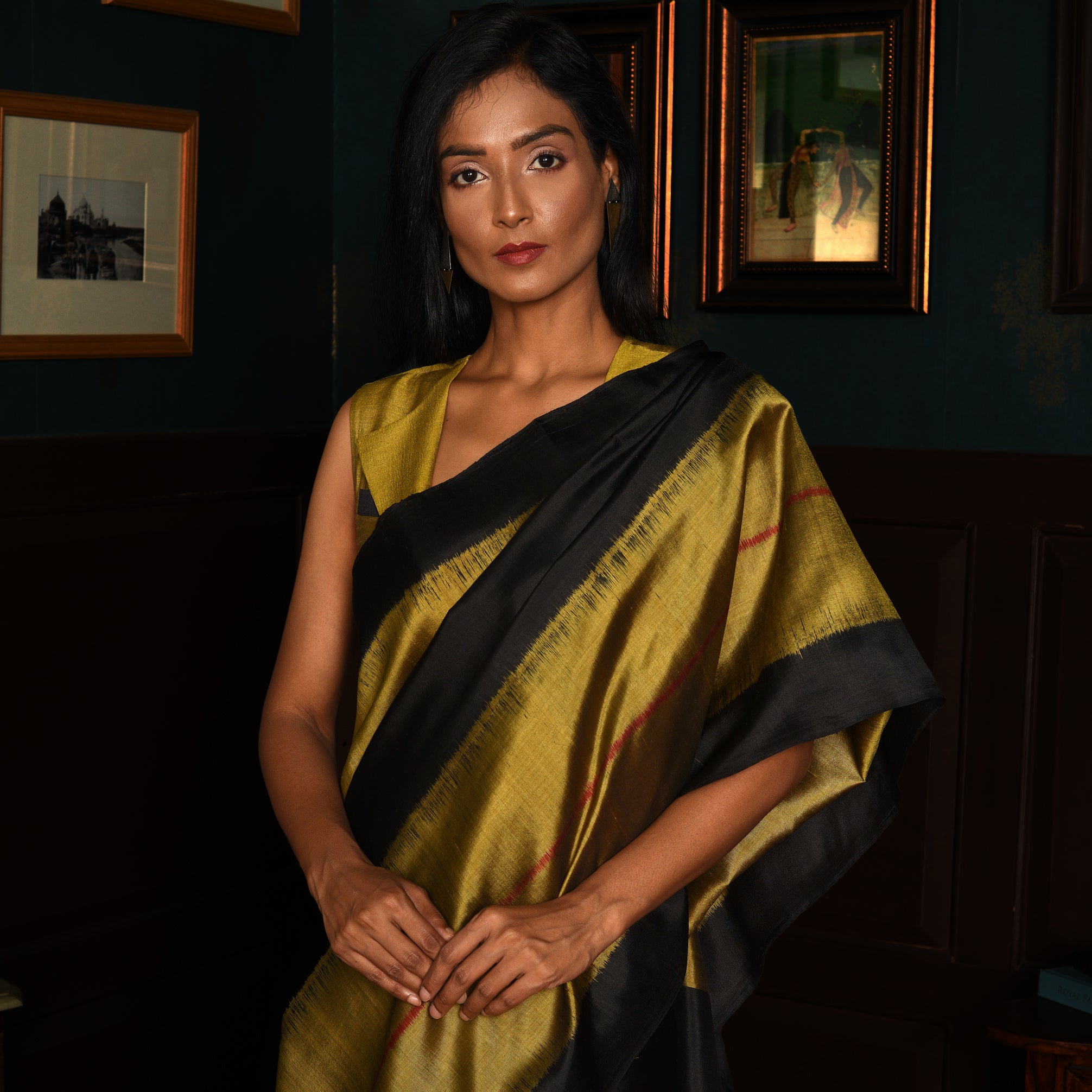 Rekha Ikat Silk Saree - Black and Copper