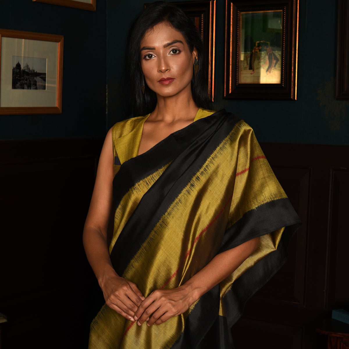 Rekha Ikat Handwoven Silk Saree - Molten Gold & Black